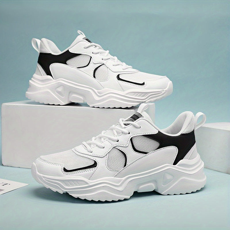 [Breathable Sneakers] Chunky Breathable Mesh Sneakers | Men's White & Teal Casual Sneakers with EVA Sole, Lace-Up Design for All Seasons